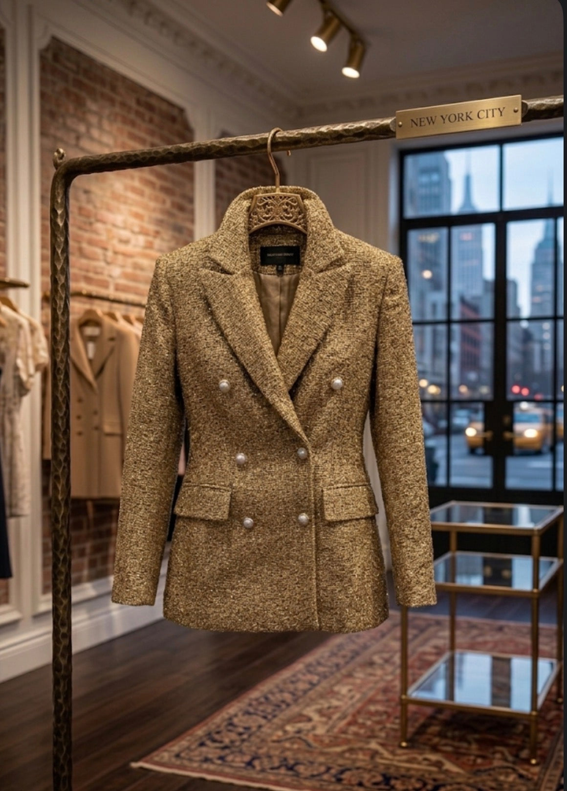 Gold blazer with pearls bottoms