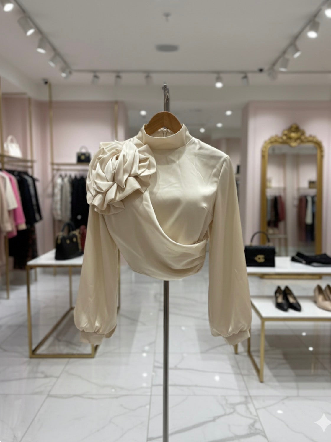 Elegant Cream Satin 3D Flower Crop Blouse | High Neck Draped Statement Top