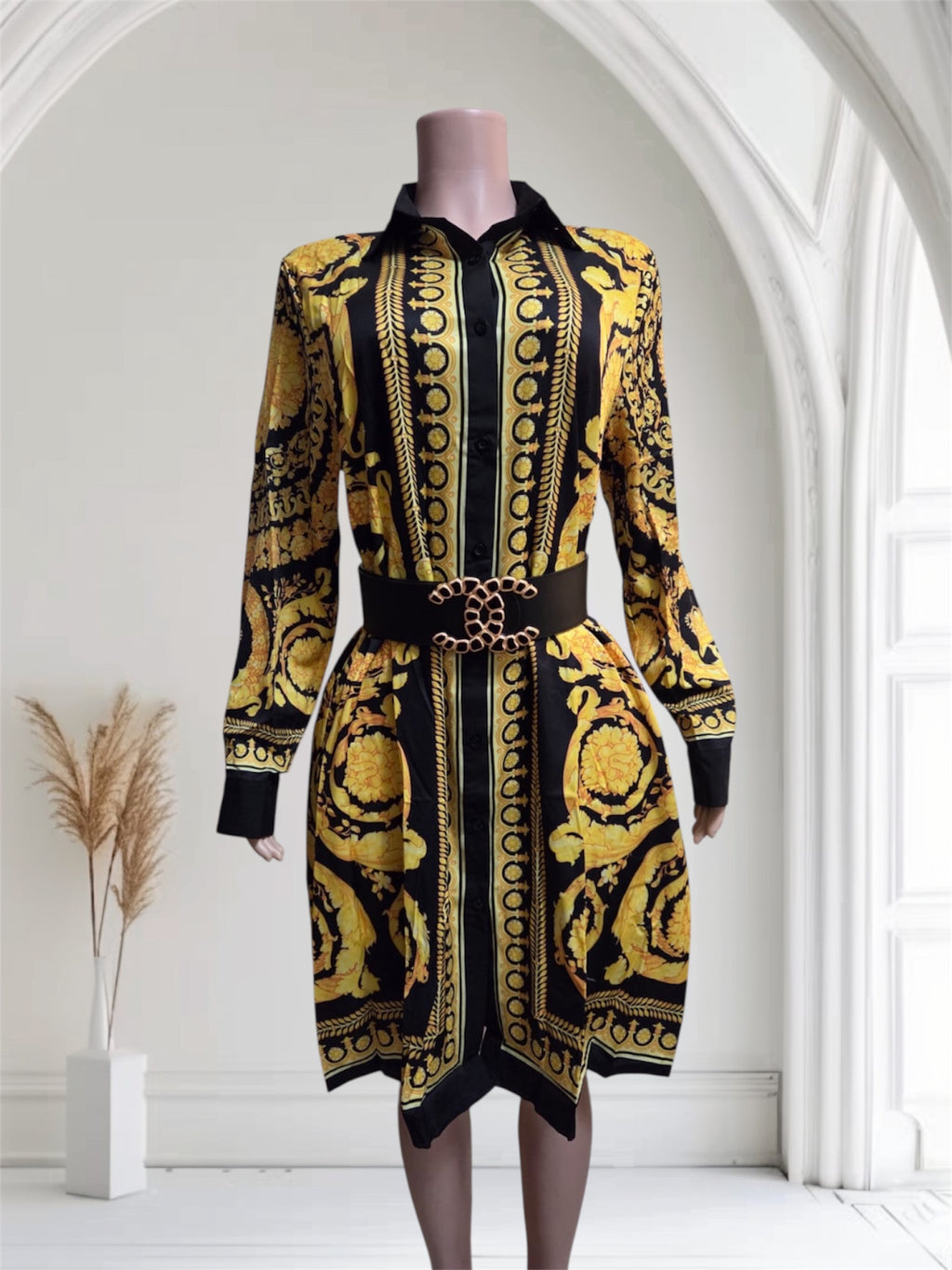 Versace Vibe: Baroque Silk Shirt Dress Outfit