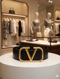Luxury Black Leather Belt with Gold V Buckle