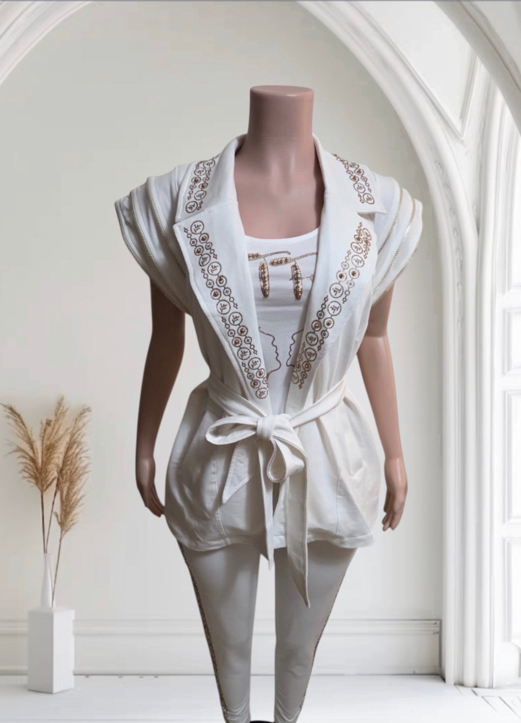 Chic 3-Piece Beige & Gold Embroidered Loungewear Set | Vest, Tank & Pants