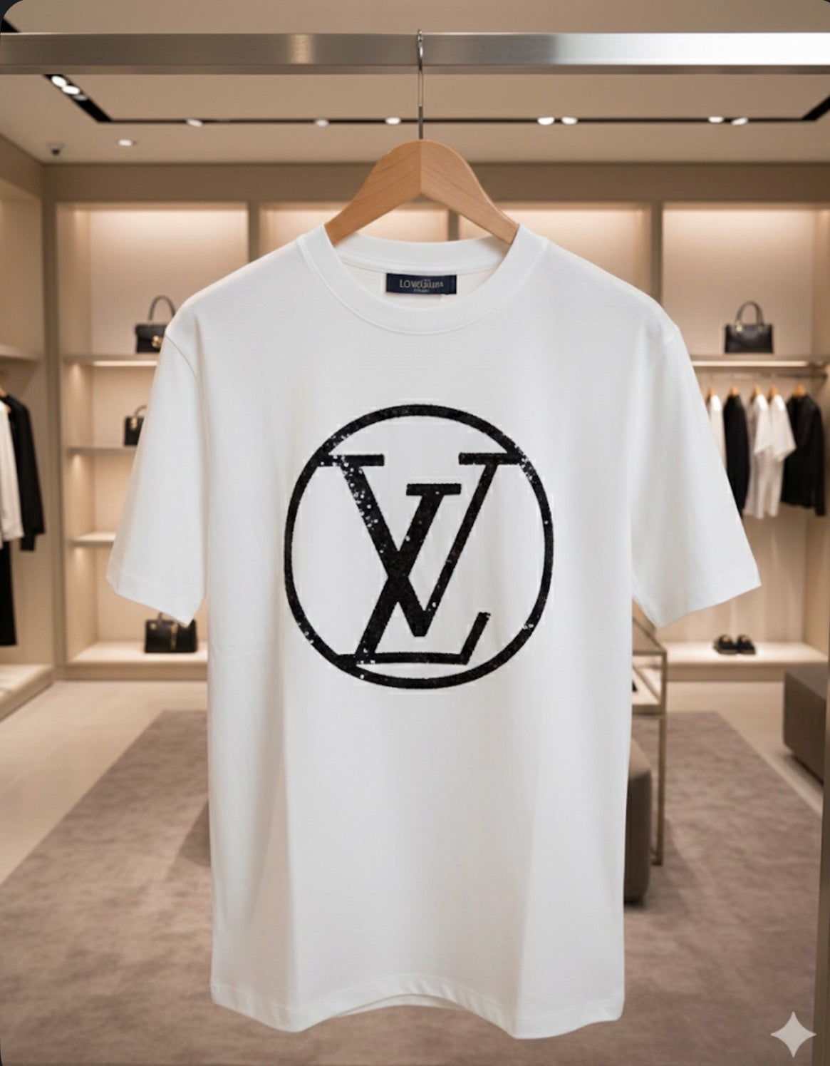 Camiseta blanca con logotipo LV con lentejuelas negras