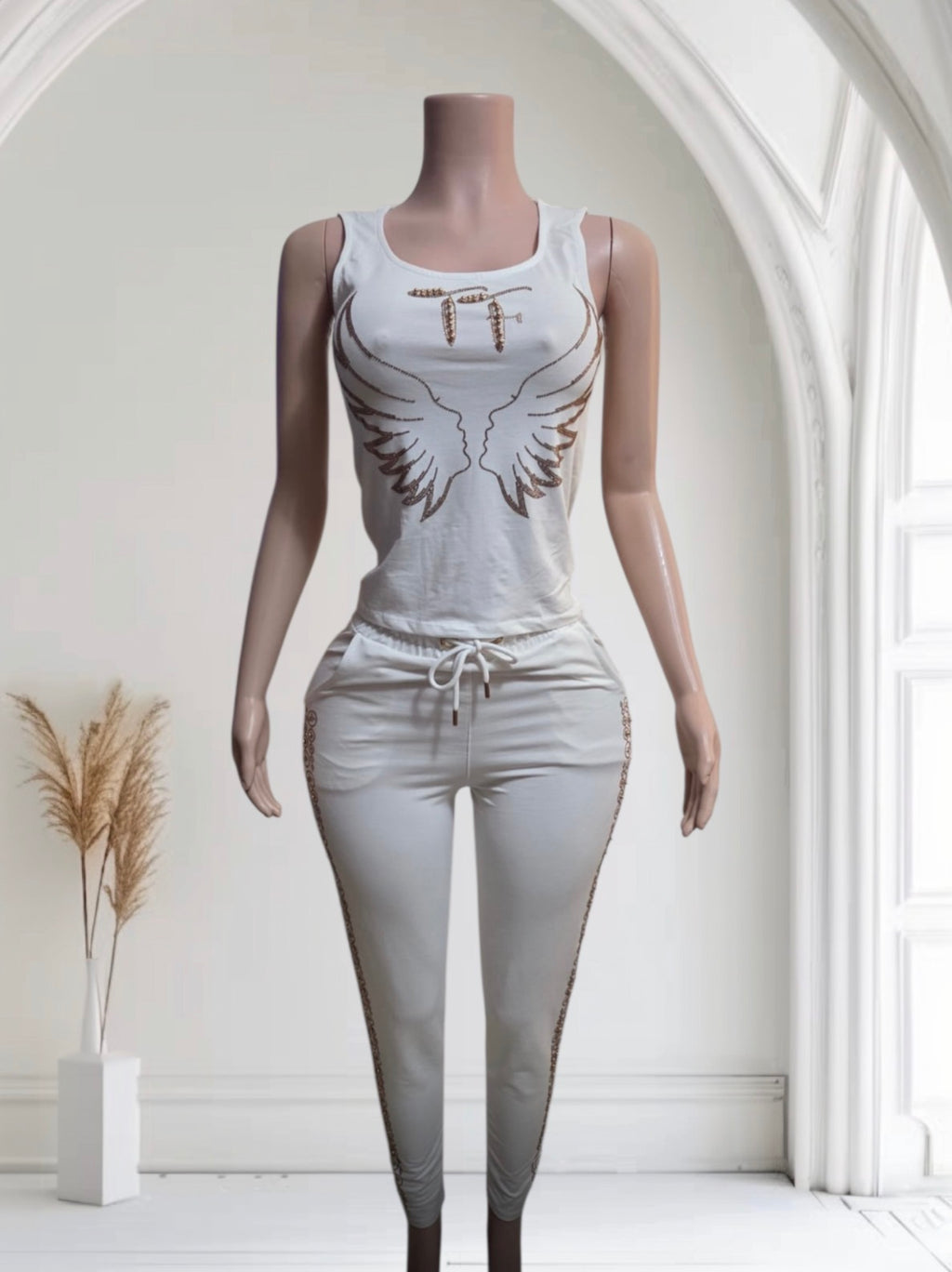 Chic 3-Piece Beige & Gold Embroidered Loungewear Set | Vest, Tank & Pants