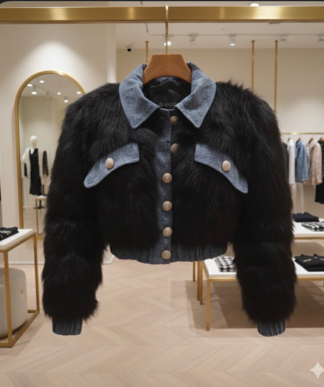 Chic Black Faux Fur & Denim Bomber Jacket