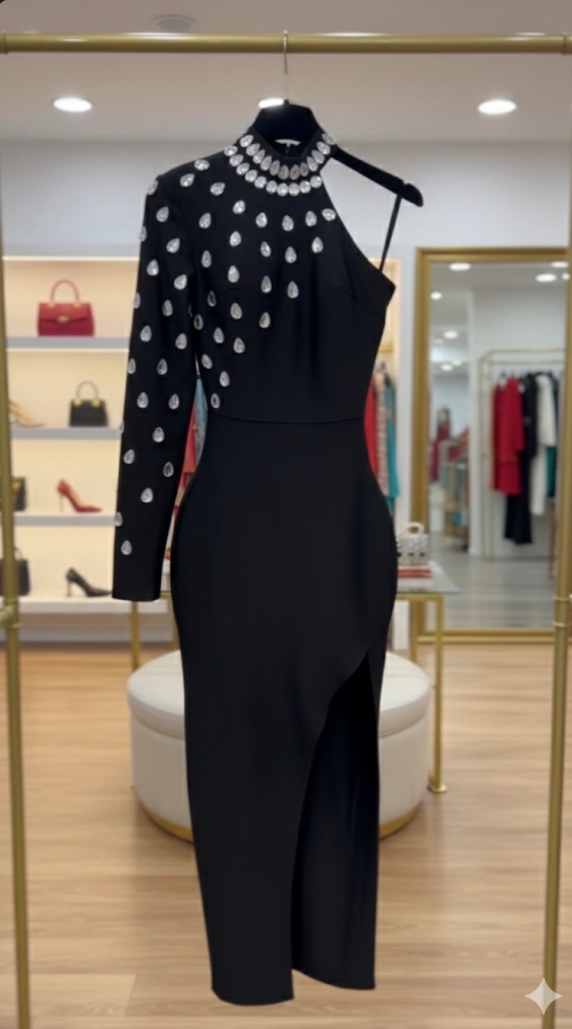 Manhattan Glamour" Black Crystal One-Shoulder Evening Dress