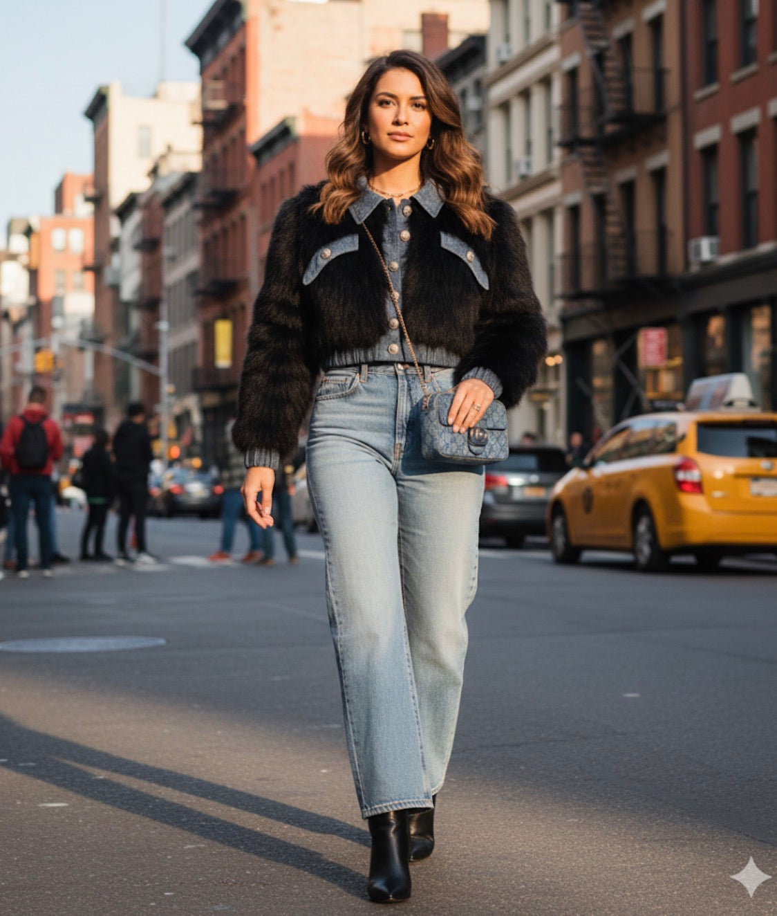 Chic Black Faux Fur & Denim Bomber Jacket