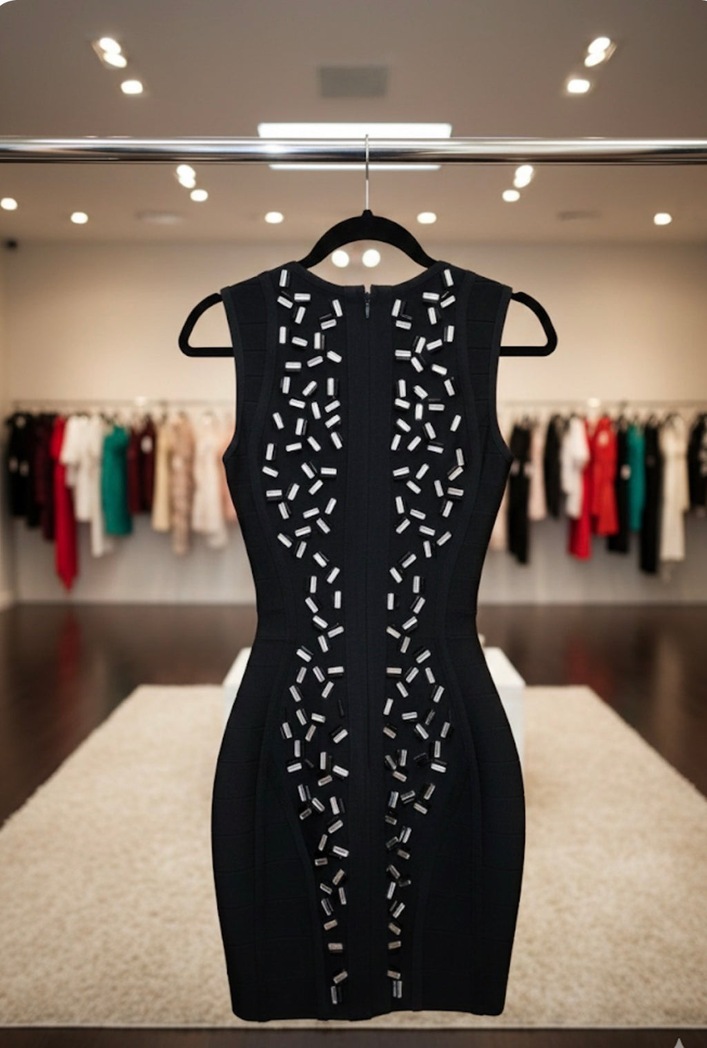 Black Diamond" Crystal Asymmetrical High-Slit Midi Dress