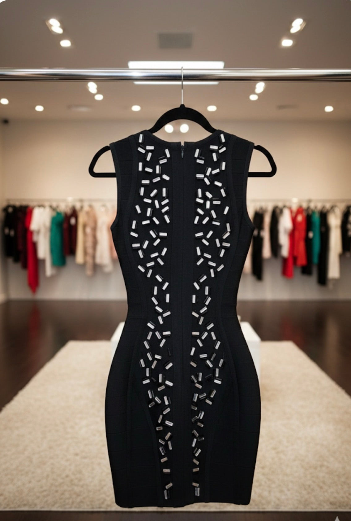 Black Diamond" Crystal Asymmetrical High-Slit Midi Dress