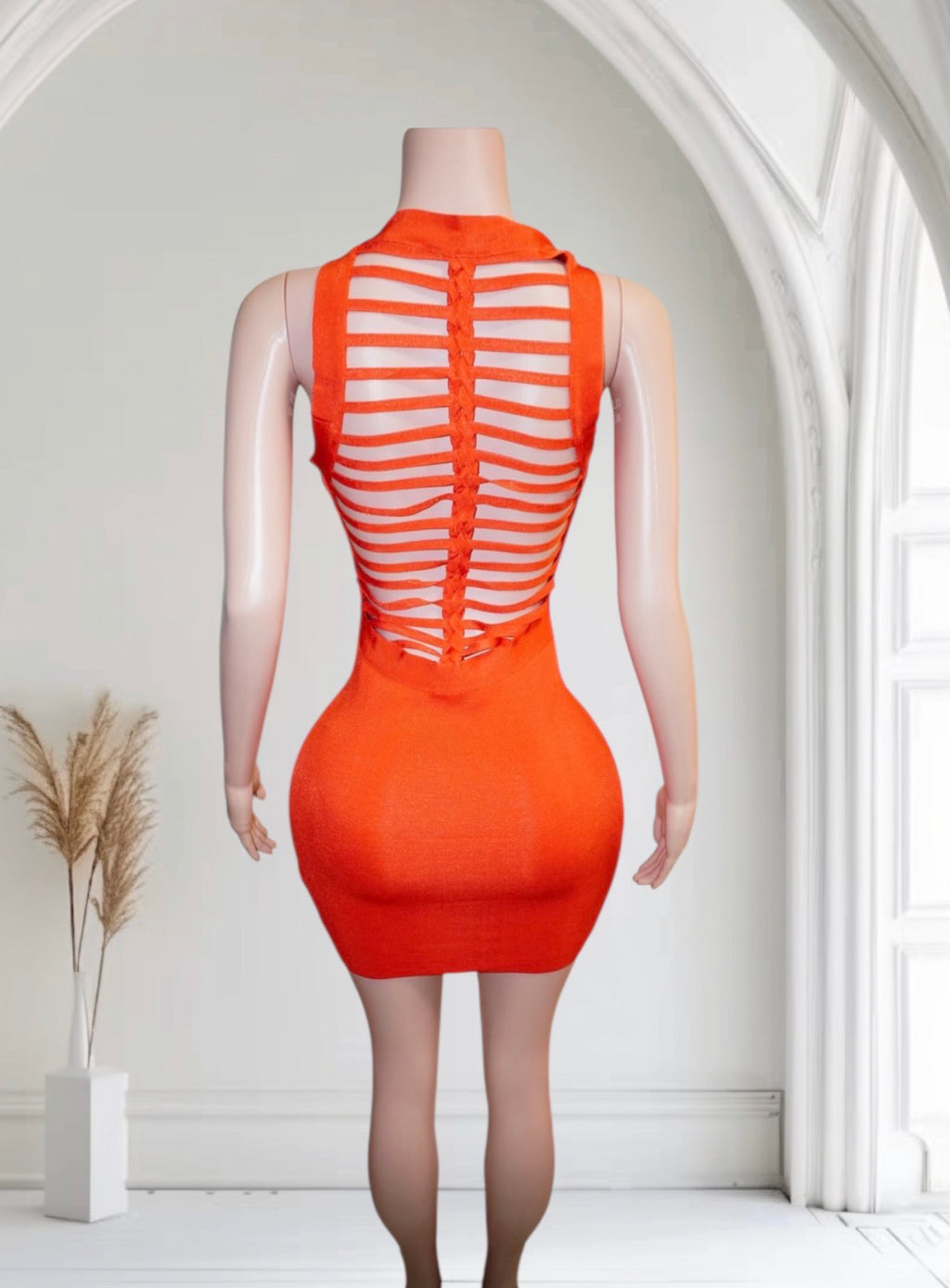 Minivestido chic de lentejuelas con escote halter alto en color naranja