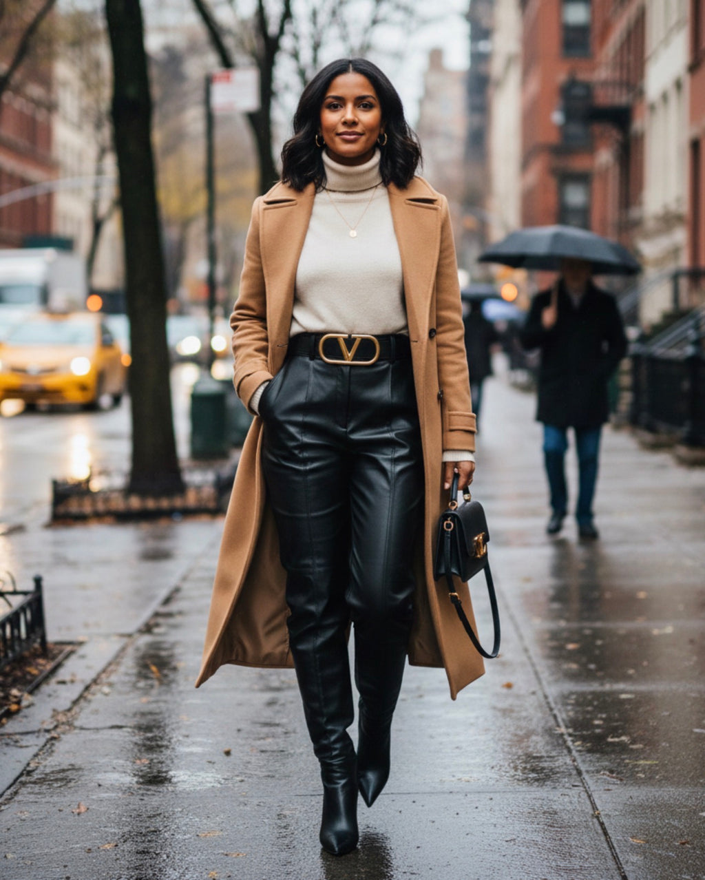 Luxury Black Leather Belt with Gold V Buckle