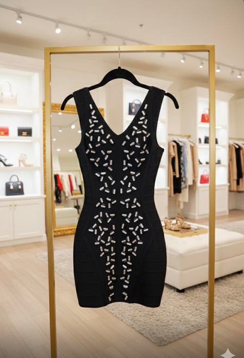 Black Diamond" Crystal Asymmetrical High-Slit Midi Dress
