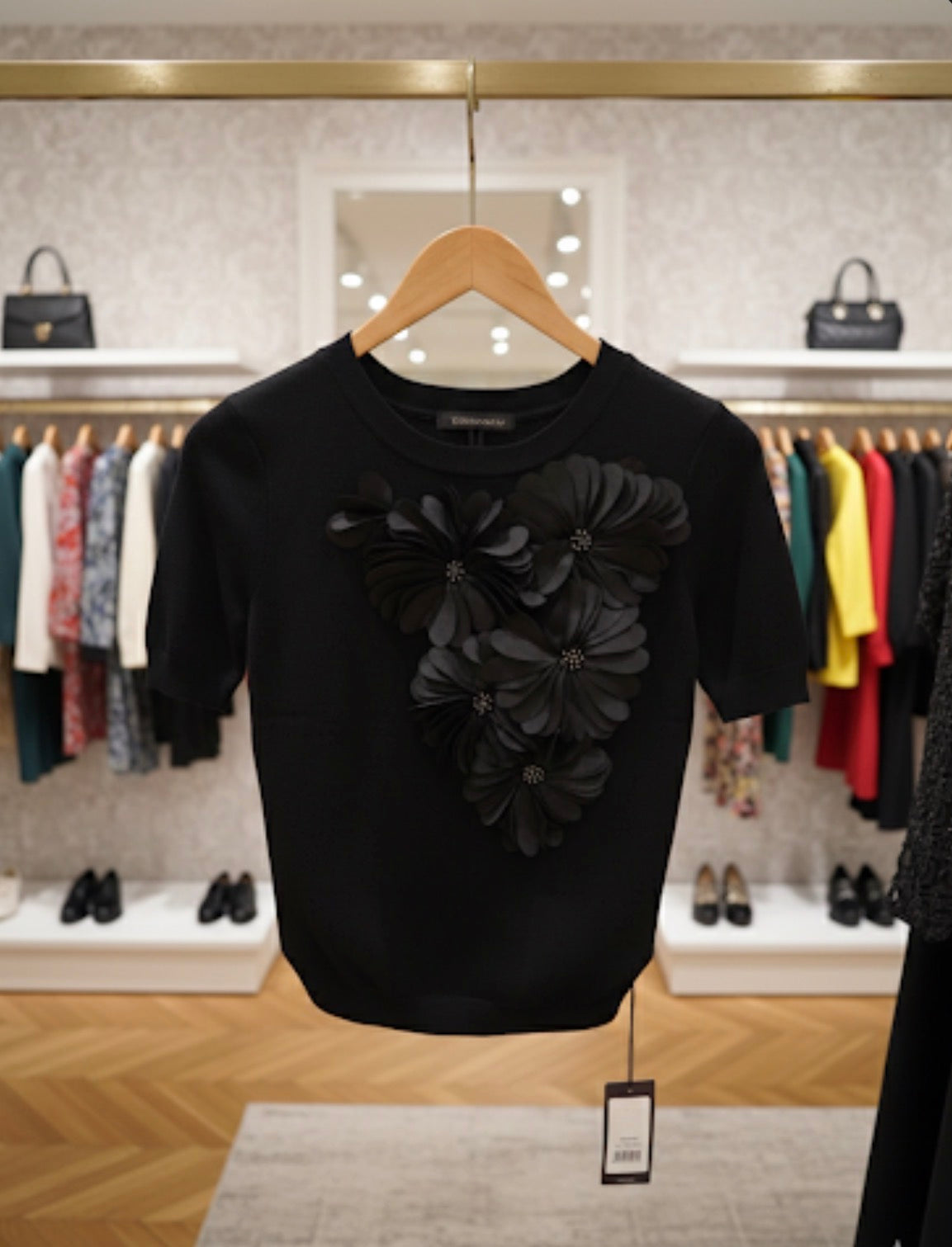 3D Floral Appliqué Knit Top in Noir