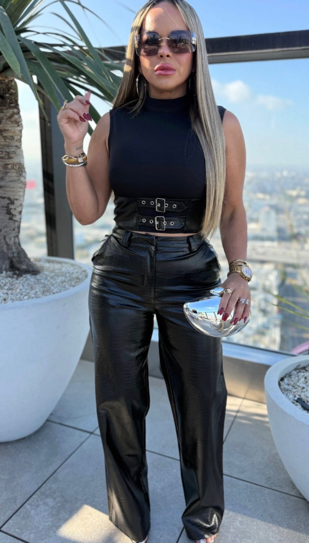 Black leather top and pant wide leg Set