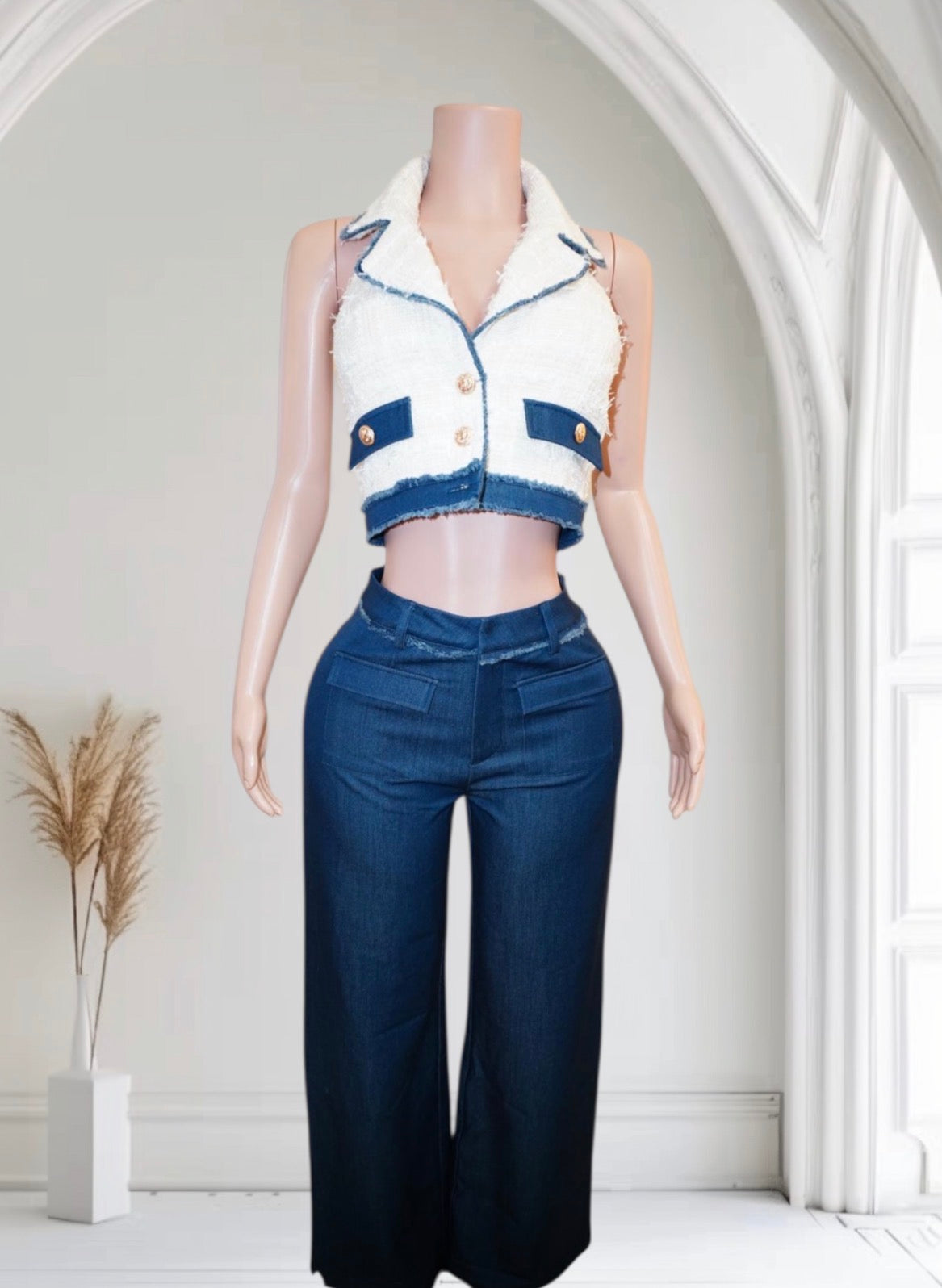 Manhattan Power" Striped Crop Blazer & Wide-Leg Pant Set