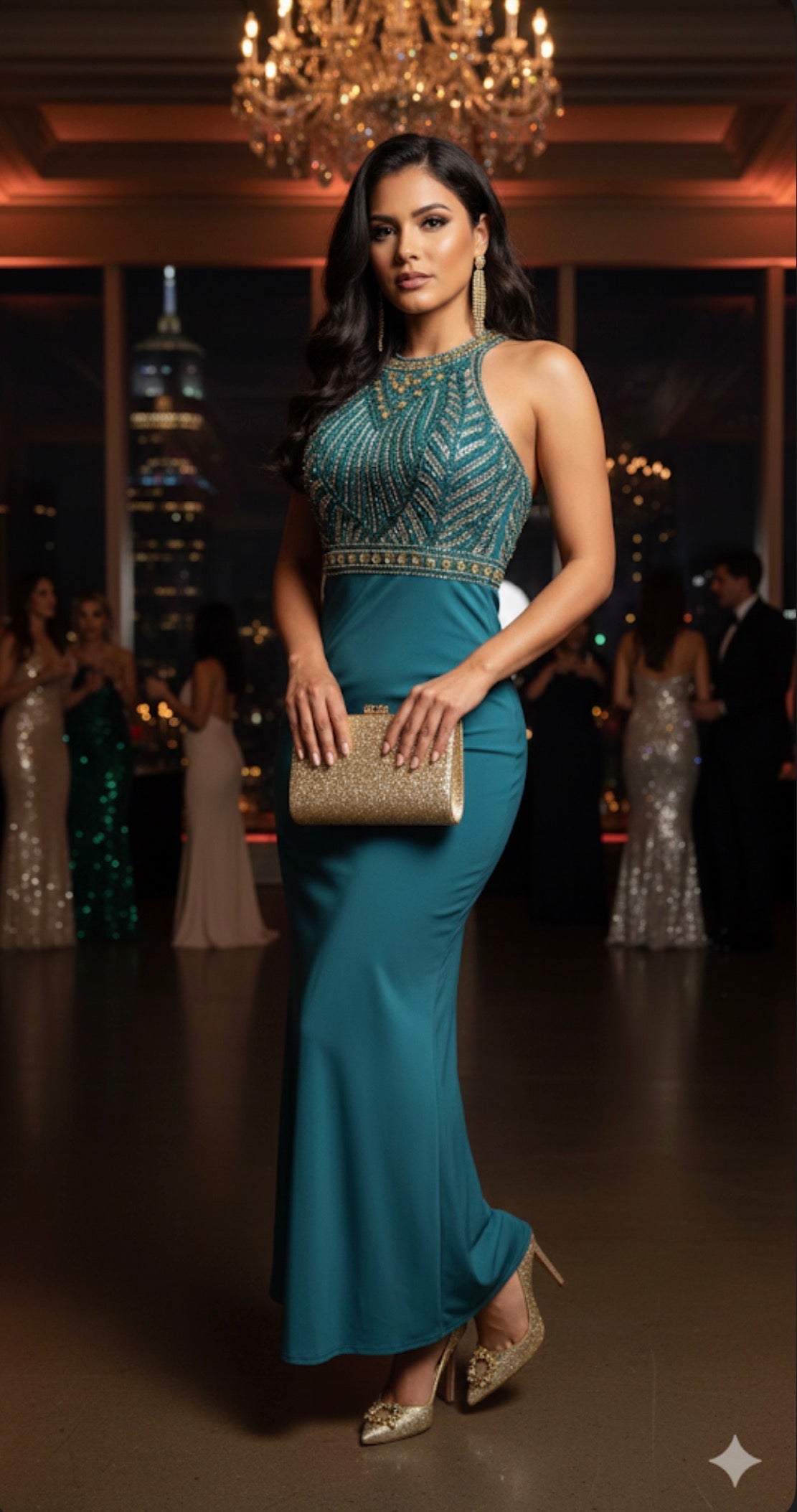 Caribbean Gala" Beaded Halter Backless Gown (Teal)