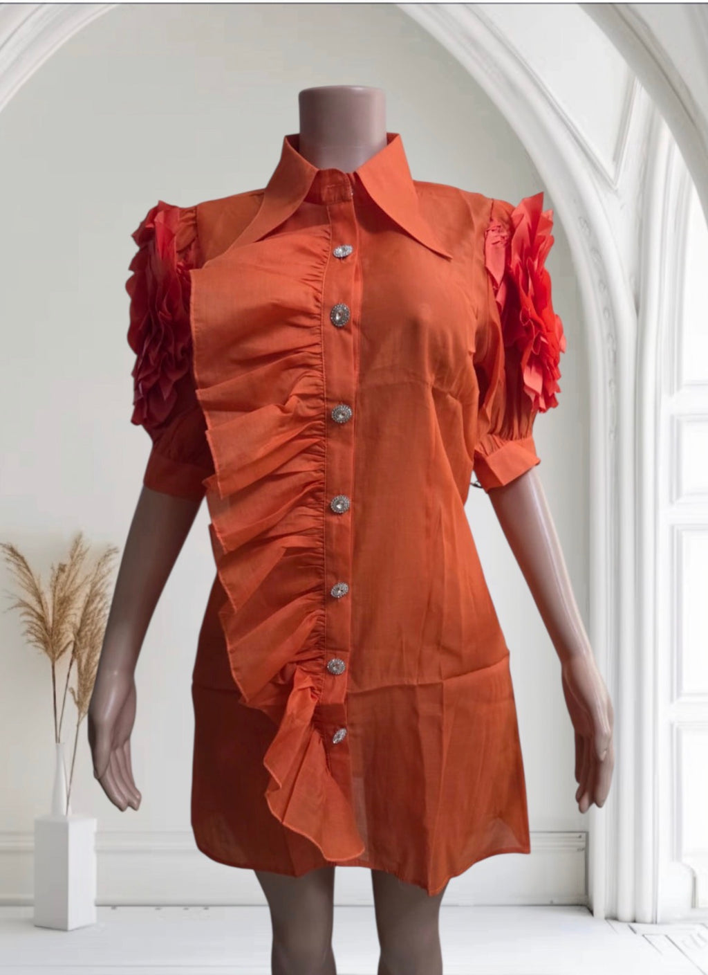 Tropical Radiance Ruffled Shirt Dress in Sunset Orange
