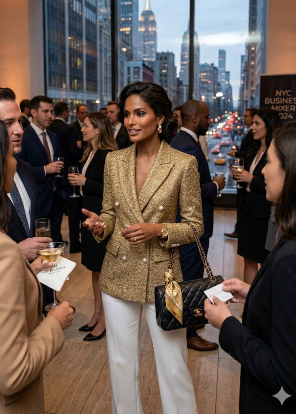 Gold blazer with pearls bottoms