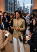 Gold blazer with pearls bottoms
