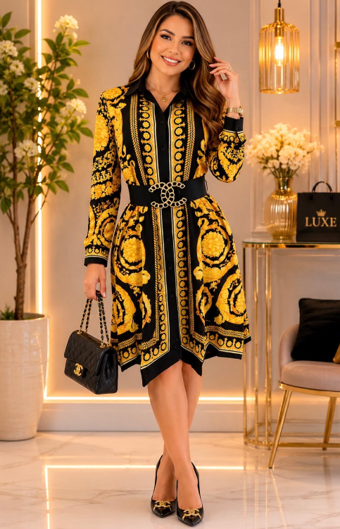 Gold QueenVibe: Baroque Silk Shirt Dress Outfit