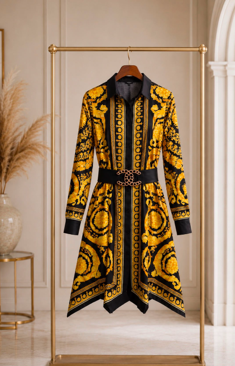 Gold QueenVibe: Baroque Silk Shirt Dress Outfit