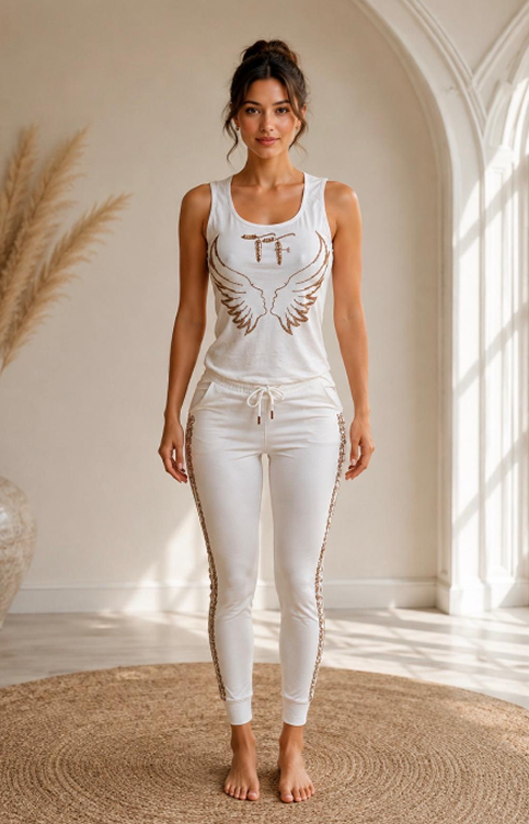 Chic 3-Piece Beige & Gold Embroidered Loungewear Set | Vest, Tank & Pants